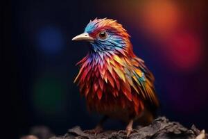 Abstract animal little Bird portrait with multi colored colorful on wings and feathers paint, Vibrant bright gradients tone, with Generative AI. photo