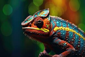 Abstract of lizard chameleon portrait with multi colored colorful on skin body and scales paint, reptile animal, Vibrant bright gradients background, with Generative AI. photo