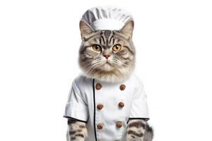 Cute fluffy kitty Cat Chef with costume ready to cooking for dinner isolated on white background, funny moment, pet concept, with . photo
