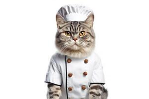 Cute fluffy kitty Cat Chef with costume ready to cooking for dinner isolated on white background, funny moment, pet concept, with Generative Ai. photo