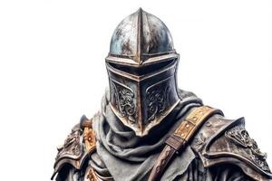 Portrait of medieval Scandinavian or Viking warrior with armor and helmet costume isolated on white background, epic fantasy world, with . photo