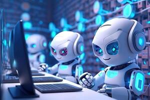 Artificial intelligence, or ai robot working at office by using computer laptop and typing keyboard, Technology in future, Communication network. with . photo