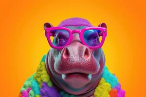 Abstract animal Hippopotamus portrait with colorful Afro hairs wearing sunglasses in Hawaii dress theme, Vibrant bright gradients background, with Generative AI. photo