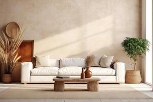 Home minimal interior design living room with beige cozy tone style, decorate with clean home furniture, and warm tone background, empty wall for mock up and banner, with . photo