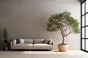 Home minimal interior design living room with beige cozy tone style, decorate with clean home furniture, and warm tone background, empty wall for mock up and banner, with . photo