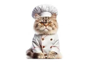 Cute fluffy kitty Cat Chef with costume ready to cooking for dinner isolated on white background, funny moment, pet concept, with Generative Ai. photo