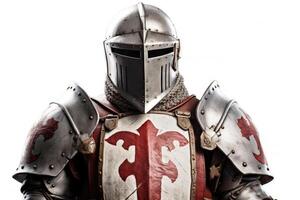 Portrait of medieval Scandinavian or Viking warrior with armor and helmet costume isolated on white background, epic fantasy world, with . photo