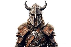 Portrait of medieval Scandinavian or Viking warrior with armor and helmet costume isolated on white background, epic fantasy world, with . photo