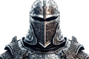 Portrait of medieval Scandinavian or Viking warrior with armor and helmet costume isolated on white background, epic fantasy world, with . photo