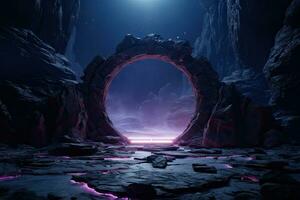 Abstract portal stone gate with neon glowing light in the dark space landscape of cosmic, rocky mountain stone field, spectrum light effect, with Generative Ai. photo