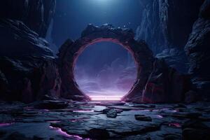 Abstract portal stone gate with neon glowing light in the dark space landscape of cosmic, rocky mountain stone field, spectrum light effect, with . photo