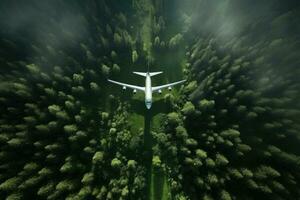 Aerial view of White Airplane taking off or flying in the air above green rain forest mountain view, nature landscape, healthy environment area, with Generative Ai. photo