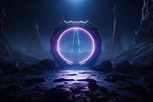 Abstract portal stone gate with neon glowing light in the dark space landscape of cosmic, rocky mountain stone field, spectrum light effect, with . photo