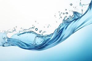 Blue water swirl splash with little bubbles isolated on white background, liquid flowing in form of wave, with . photo