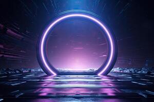 Abstract portal stone gate with neon glowing light in the dark space landscape of cosmic, rocky mountain stone field, spectrum light effect, with . photo