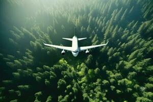 aéreo ver de blanco avión tomando apagado o volador en el aire encima verde lluvia bosque montaña vista, naturaleza paisaje, sano ambiente área, con generativo ai. foto