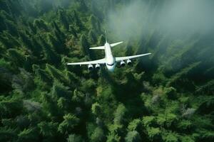 Aerial view of White Airplane taking off or flying in the air above green rain forest mountain view, nature landscape, healthy environment area, with Generative Ai. photo