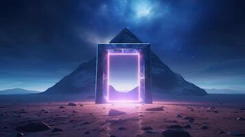 Abstract portal stone gate with neon glowing light in the dark space landscape of cosmic, rocky mountain stone field, spectrum light effect, with . photo