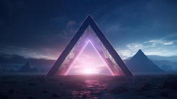 Abstract portal stone gate with neon glowing light in the dark space landscape of cosmic, rocky mountain stone field, spectrum light effect, with . photo