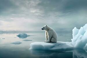 White polar bear sitting on melting ice floe glacier at arctic sea that facing to Global Warming situation, save the world form pollution concept, climate change, with Generative Ai. photo