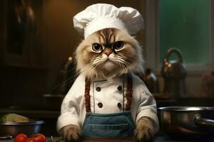 Cute fluffy kitty Cat Chef with costume ready to cooking for dinner in kitchen room, funny moment, ingredient for cooking, pet concept, with Generative Ai. photo