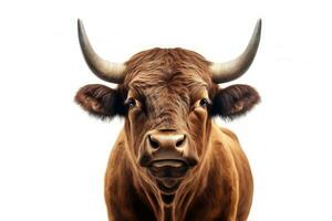 Strongest dark brown bull with muscles and long horns portrait looking at camera isolated on clear png background, Animals Fighter concept, with Generative Ai. photo