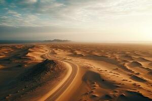 Desert Dune cliff sand landscape with clean blue sky. Minimal Desert natural background. Scene of Dry land Sand, dusty road without the end point, with Generative Ai. photo