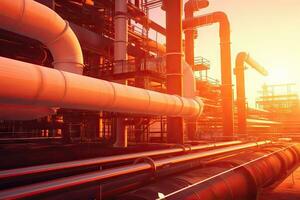 Industry pipeline rack for transport crude oil petrochemical with sunset sky background, gas and oil process of running by pipe tubes in factory, perspective view, with Generative AI. photo