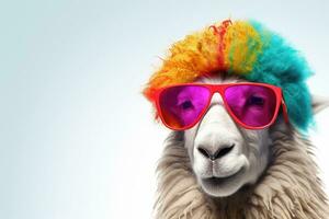 Abstract of fashion style sheep wearing sunglasses portrait isolated on clean png background, sheep fur multi colored colorful on skin body  and hairs paint, with Generative AI. photo