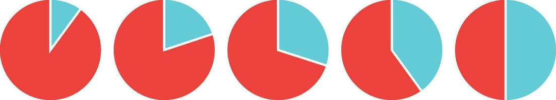 Two Slice Pie Chart Showing Various Percentages Ranging from 10 and 90, 20 and 80, 30 and 70, 40 and 60, 50 and 50 Percent vector