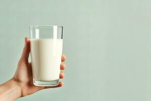 Hand holding a glass of fresh milk with copy space. ai generated photo