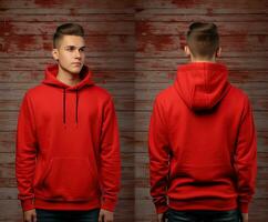 Front and back view of a red hoodie mockup for design print. ai generated photo