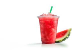 watermelon smoothie in take away cup with watermelon sliced isolated on white background with copy space. ai generated photo