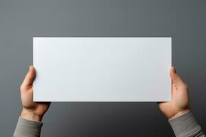 A human hand holding a blank sheet of white paper or card isolated on grey background. ai generated photo