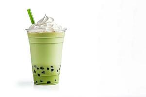 Green tea frappucino with whipped cream in a takeaway cup isolated on white background with copy space. ai generated photo