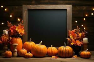 Black menu board with autumn decorations featuring a signboard mockup and pumpkins 3D illustration photo