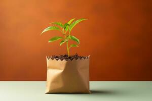 Small green plant in brown paper bag against brown background Sustainability concept Minimalistic style illustration 3D render photo