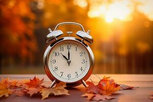 Alarm clock rests on autumn leaves against a backdrop of natural scenery photo