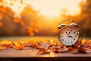 Alarm clock rests on autumn leaves against a backdrop of natural scenery photo