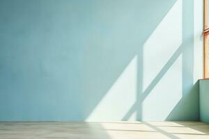 Light blue background with windows casting shadows on a plaster wall ideal for product presentations photo