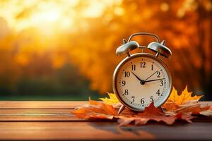 Alarm clock rests on autumn leaves against a backdrop of natural scenery photo