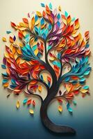 An elegant and colorful tree illustration with vibrant leaves hanging branches and a bright 3D abstraction photo