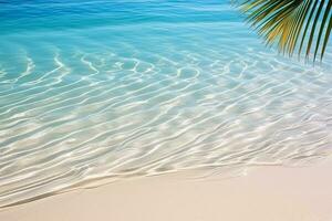 Beautiful palm leaf shadow on abstract white sand beach with sunlit water surface a perfect summer vacation background photo