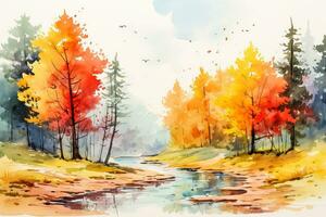 otoño acuarela ilustra un vistoso paisaje con naranja rojo y amarillo arboles capturar el esencia de el otoño temporada para un tarjeta postal foto
