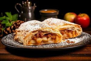 AI-generated presentation of a rustic plate showcasing delicious freshly baked apple strudel photo