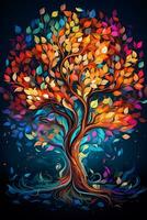 An elegant and colorful tree illustration with vibrant leaves hanging branches and a bright 3D abstraction photo