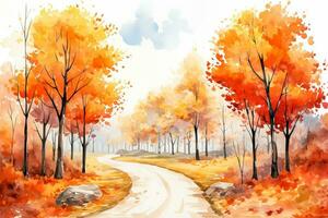 Autumn watercolor illustrates a colorful landscape with orange red and yellow trees capturing the essence of the fall season for a postcard photo