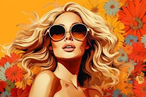 Hippie girl with blonde hair and flower illustration created using pop art comic style tools photo