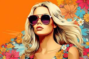 Hippie girl with blonde hair and flower illustration created using pop art comic style tools photo