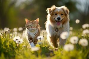 un mullido gato y un contento perro paseo mediante un soleado primavera prado foto